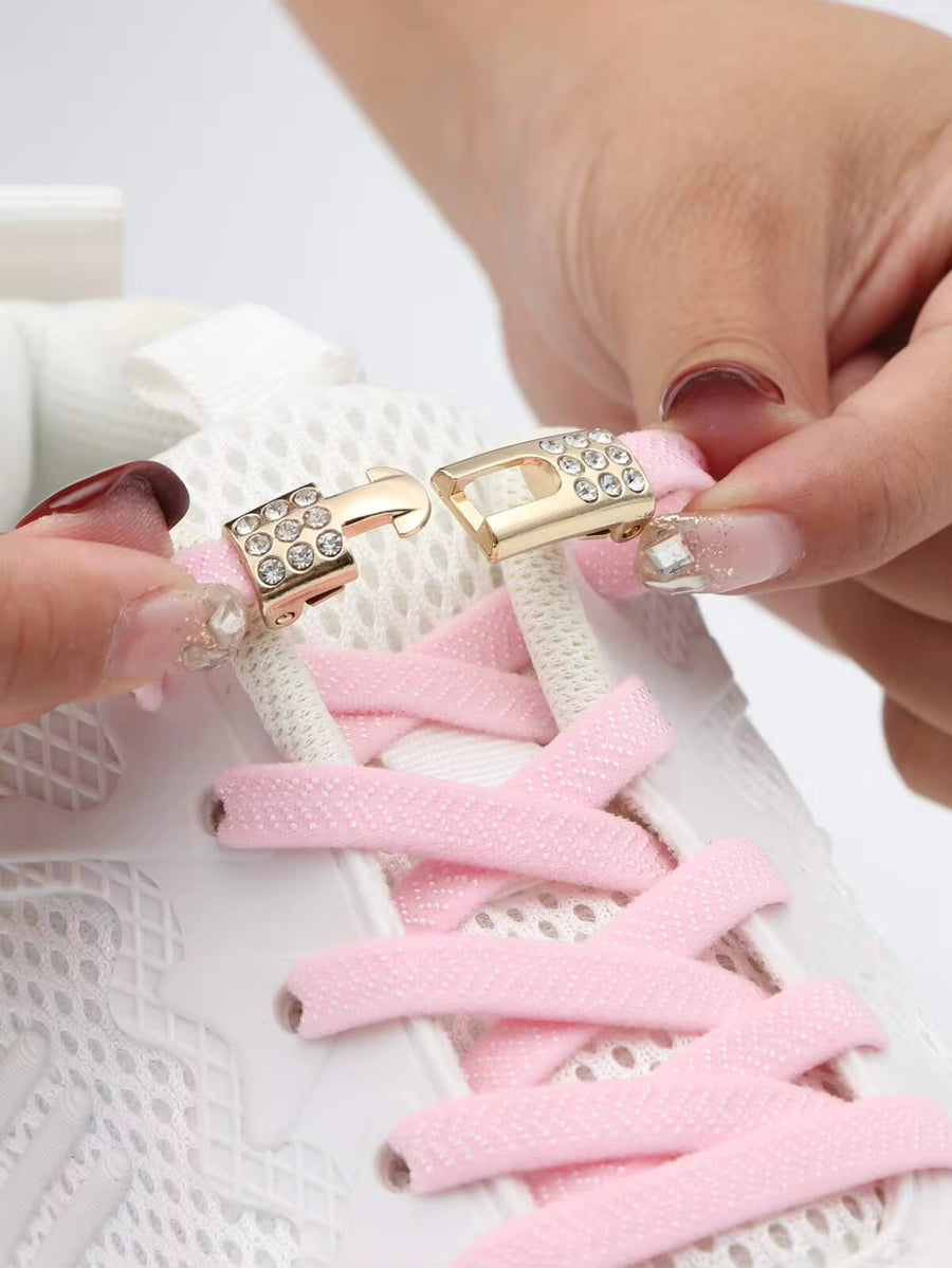 2pcs No-tie Shoelaces With Buckle, Blue Rhinestone Decor Shoes Accessories For Sneakers